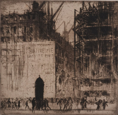 Frank BRANGWYN : Construction de la Bourse, Gravure originale signée