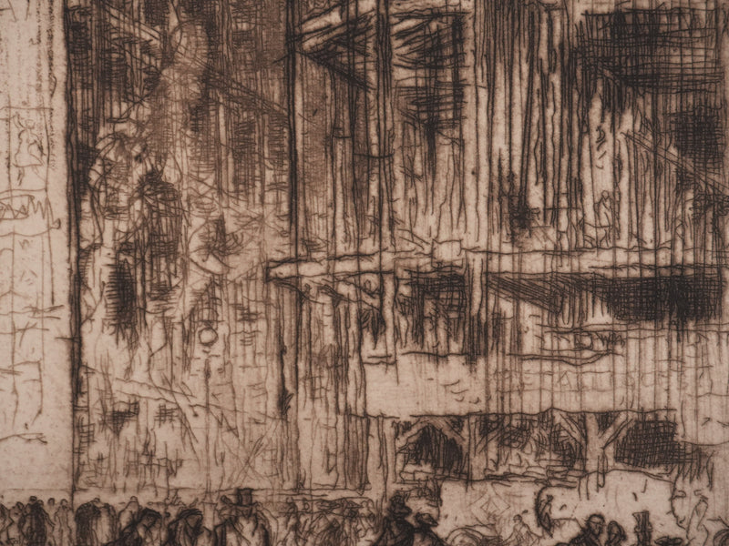 Frank BRANGWYN : Construction de la Bourse, Gravure originale signée