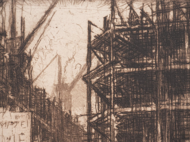 Frank BRANGWYN : Construction de la Bourse, Gravure originale signée