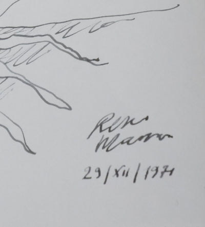 René MASSON : L'oiseau sur le tronc d'arbre, Autographe et dessin original signé