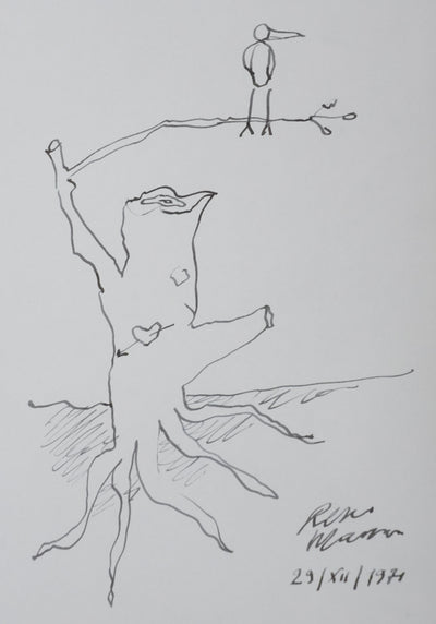 René MASSON : L'oiseau sur le tronc d'arbre, Autographe et dessin original signé