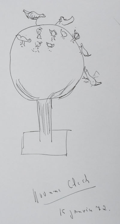 Yvonne CLECH : Les oiseaux qui picorent, Autographe et dessin original signé