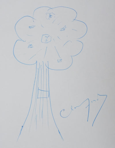 Charles FORD : Un arbre au branchage bleu, Autographe et dessin original signé
