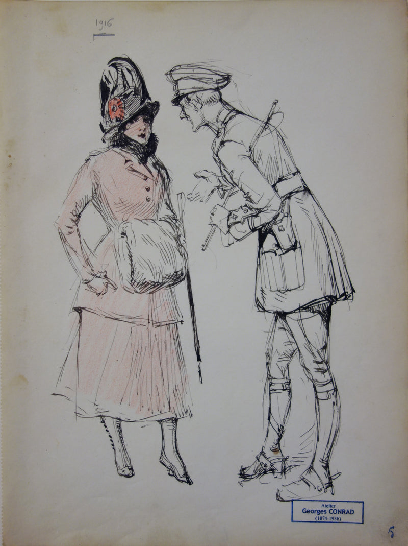 Georges CONRAD : Le colonel et une femme, Dessin original signé