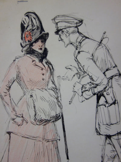 Georges CONRAD : Le colonel et une femme, Dessin original signé
