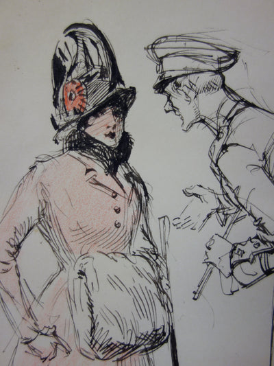Georges CONRAD : Le colonel et une femme, Dessin original signé
