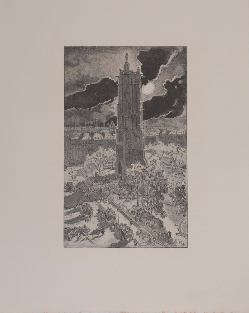 Daniel VIERGE : La tour Saint-Jacques, Gravure originale signée