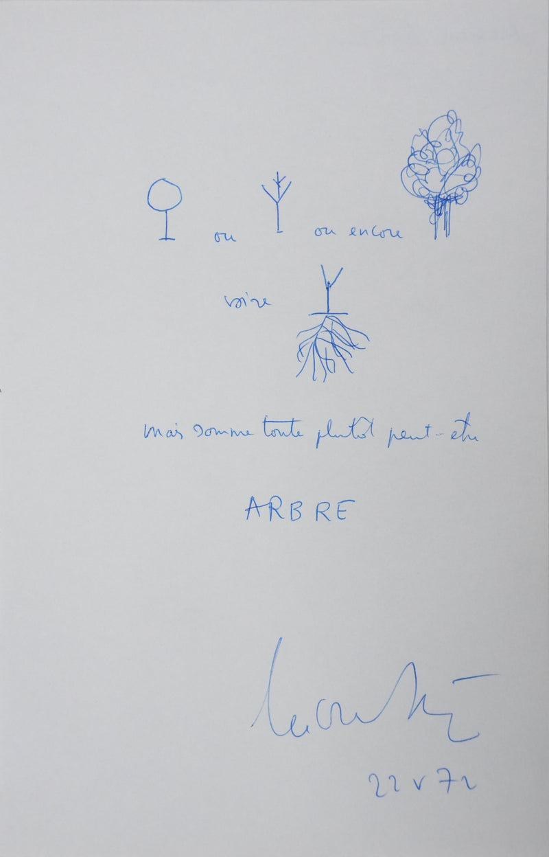 Lucien SEVE : Sonne comme un arbre, Autographe et dessin original signé