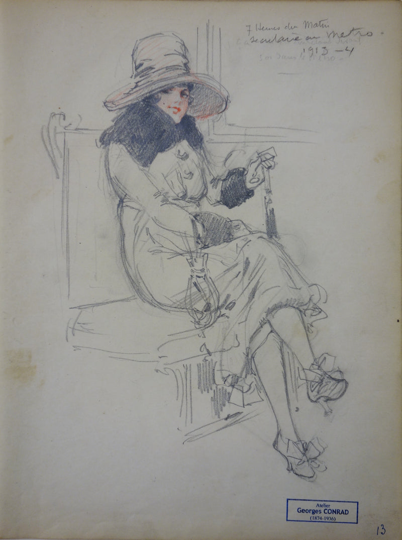 Georges CONRAD : La femme dans le métro, Dessin original signé