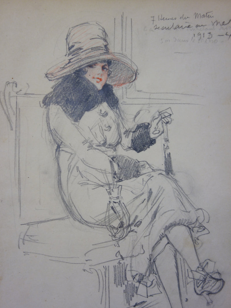 Georges CONRAD : La femme dans le métro, Dessin original signé