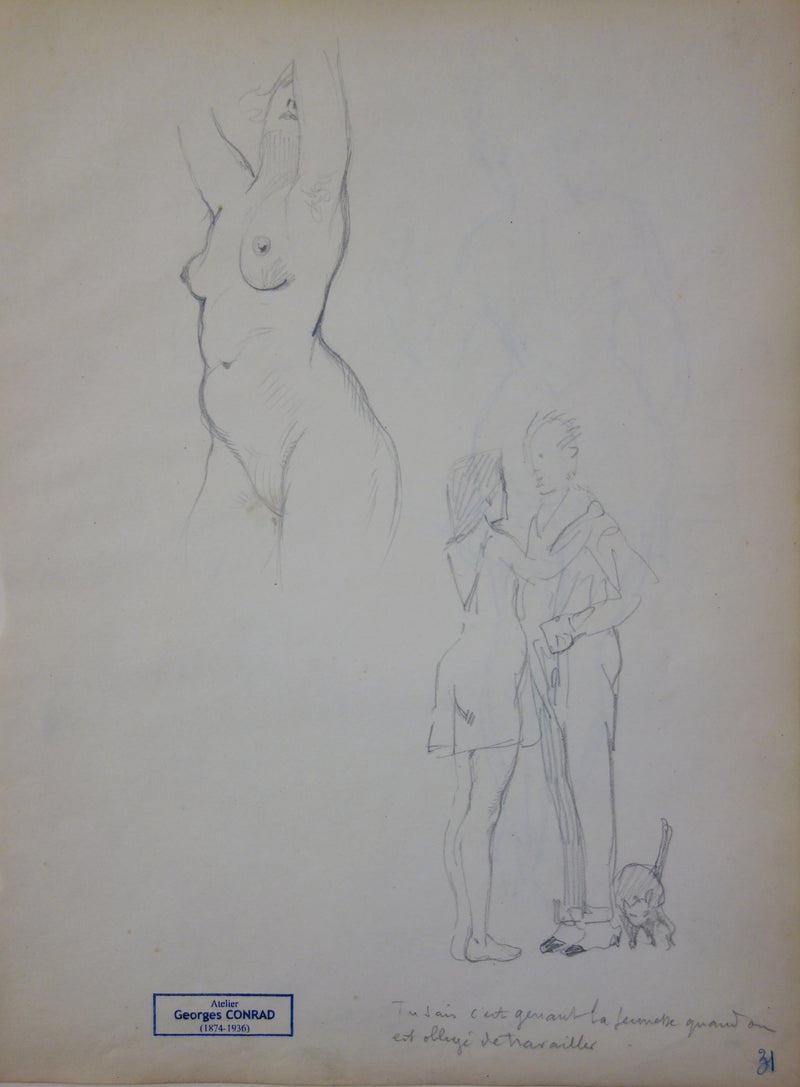 Georges CONRAD : Les amants, Dessin original signé
