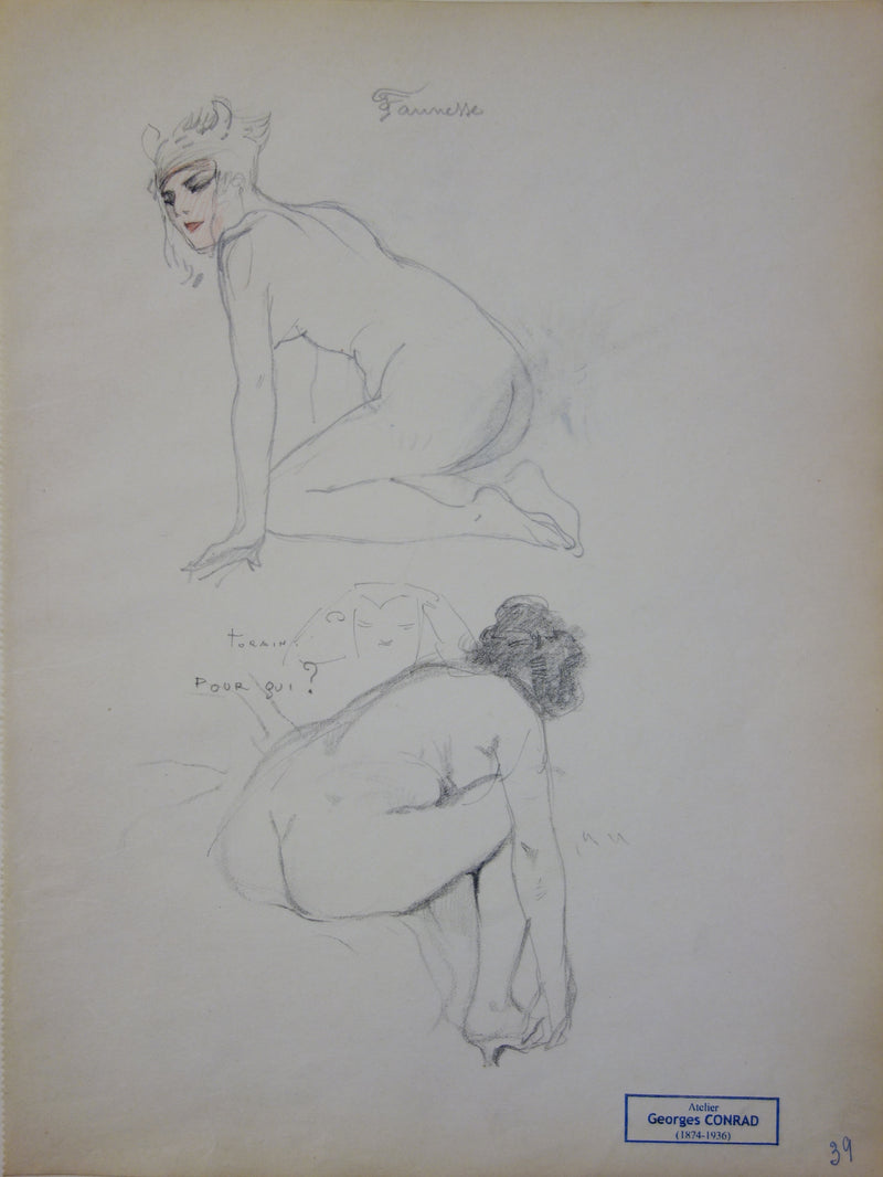 Georges CONRAD : Nus accroupis, Dessin original signé