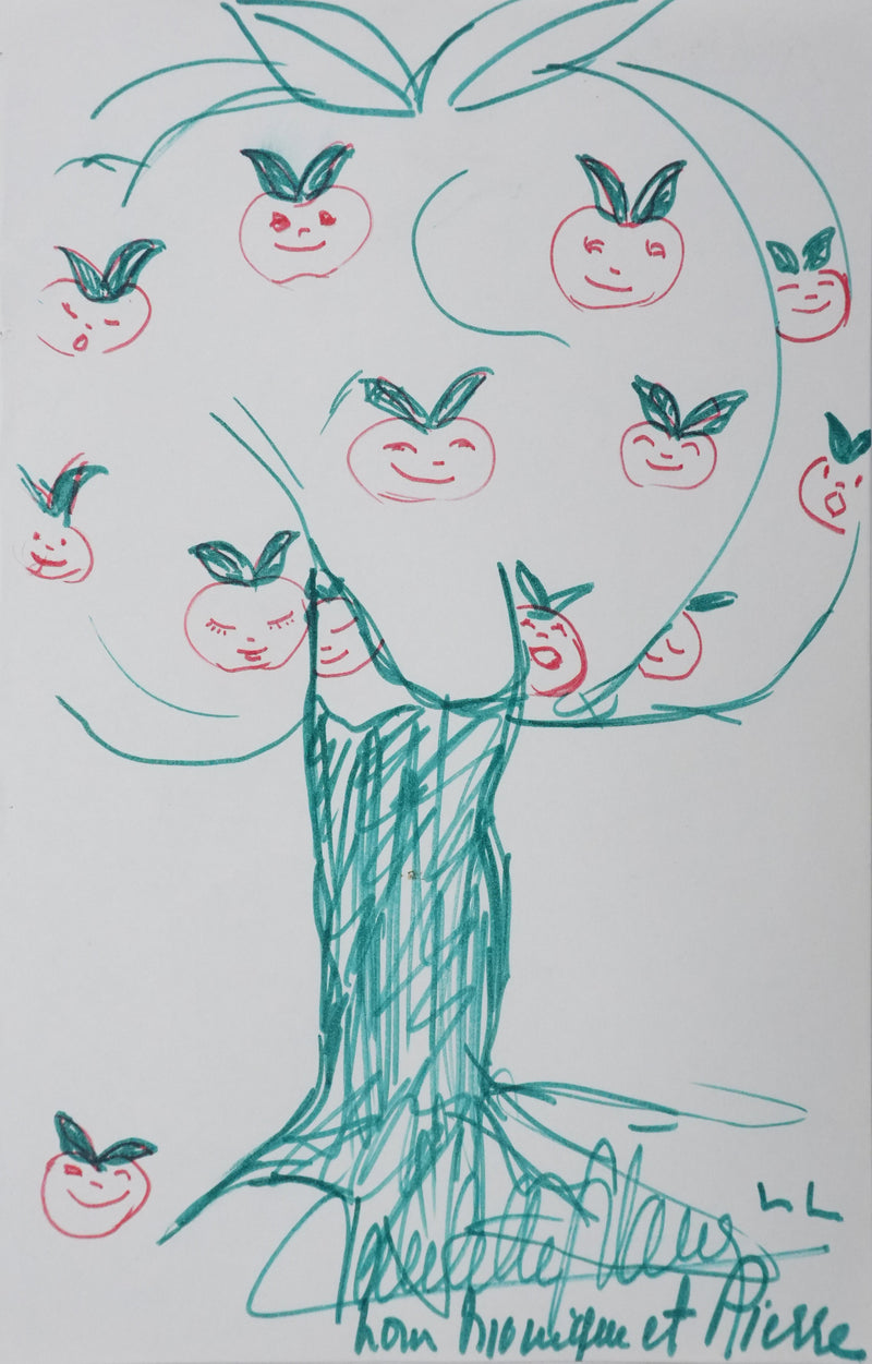 P GILAND : Les pommes rouges, Autographe et dessin original signé