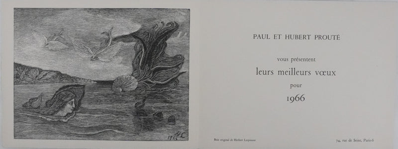 Herbert LESPINASSE : Sirène et coquillages, Gravure sur bois originale signée