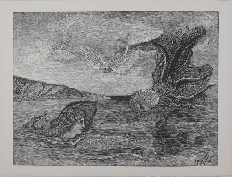 Herbert LESPINASSE : Sirène et coquillages, Gravure sur bois originale signée