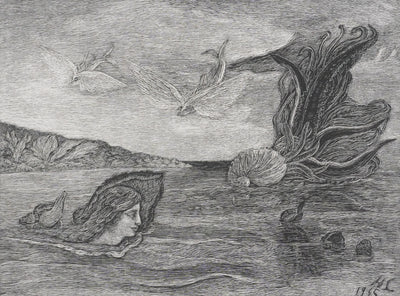 Herbert LESPINASSE : Sirène et coquillages, Gravure sur bois originale signée