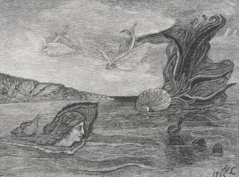 Herbert LESPINASSE : Sirène et coquillages, Gravure sur bois originale signée