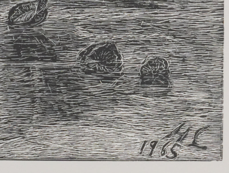 Herbert LESPINASSE : Sirène et coquillages, Gravure sur bois originale signée