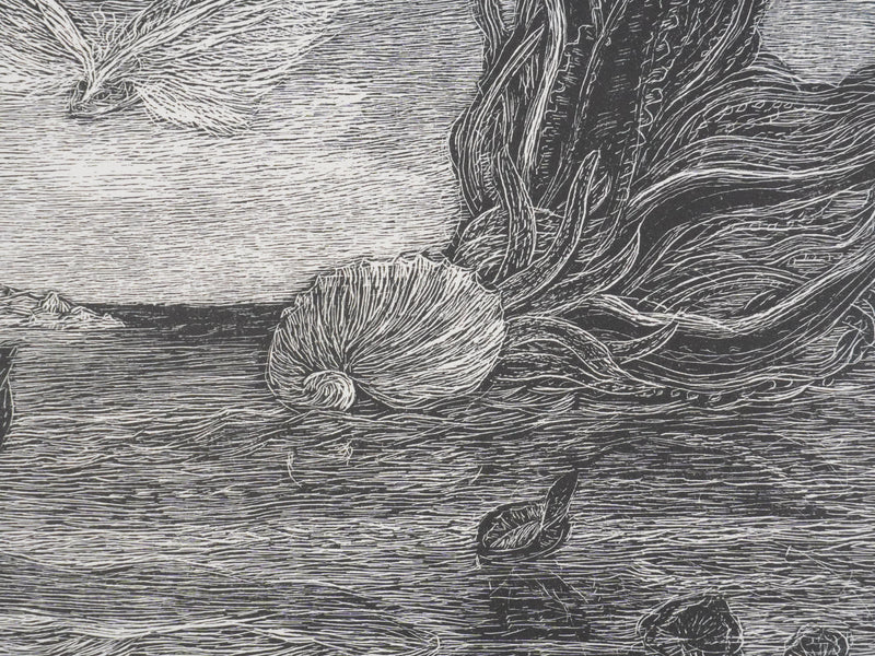 Herbert LESPINASSE : Sirène et coquillages, Gravure sur bois originale signée