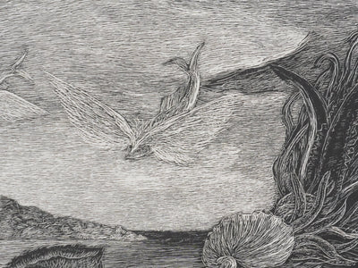 Herbert LESPINASSE : Sirène et coquillages, Gravure sur bois originale signée