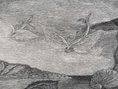 Herbert LESPINASSE : Sirène et coquillages, Gravure sur bois originale signée