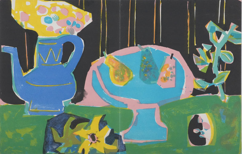 Roger BEZOMBES : Nature morte à la nappe verte, Lithographie originale