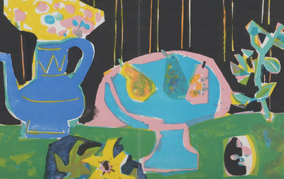 Roger BEZOMBES : Nature morte à la nappe verte, Lithographie originale