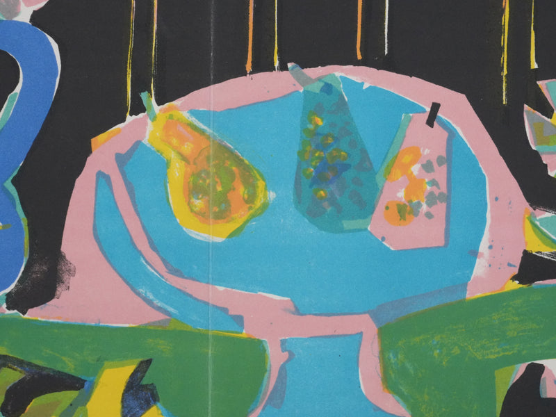 Roger BEZOMBES : Nature morte à la nappe verte, Lithographie originale
