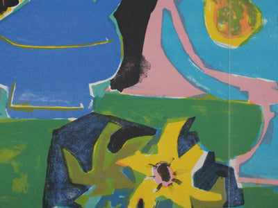 Roger BEZOMBES : Nature morte à la nappe verte, Lithographie originale