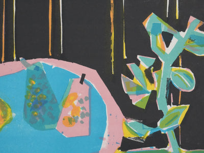 Roger BEZOMBES : Nature morte à la nappe verte, Lithographie originale