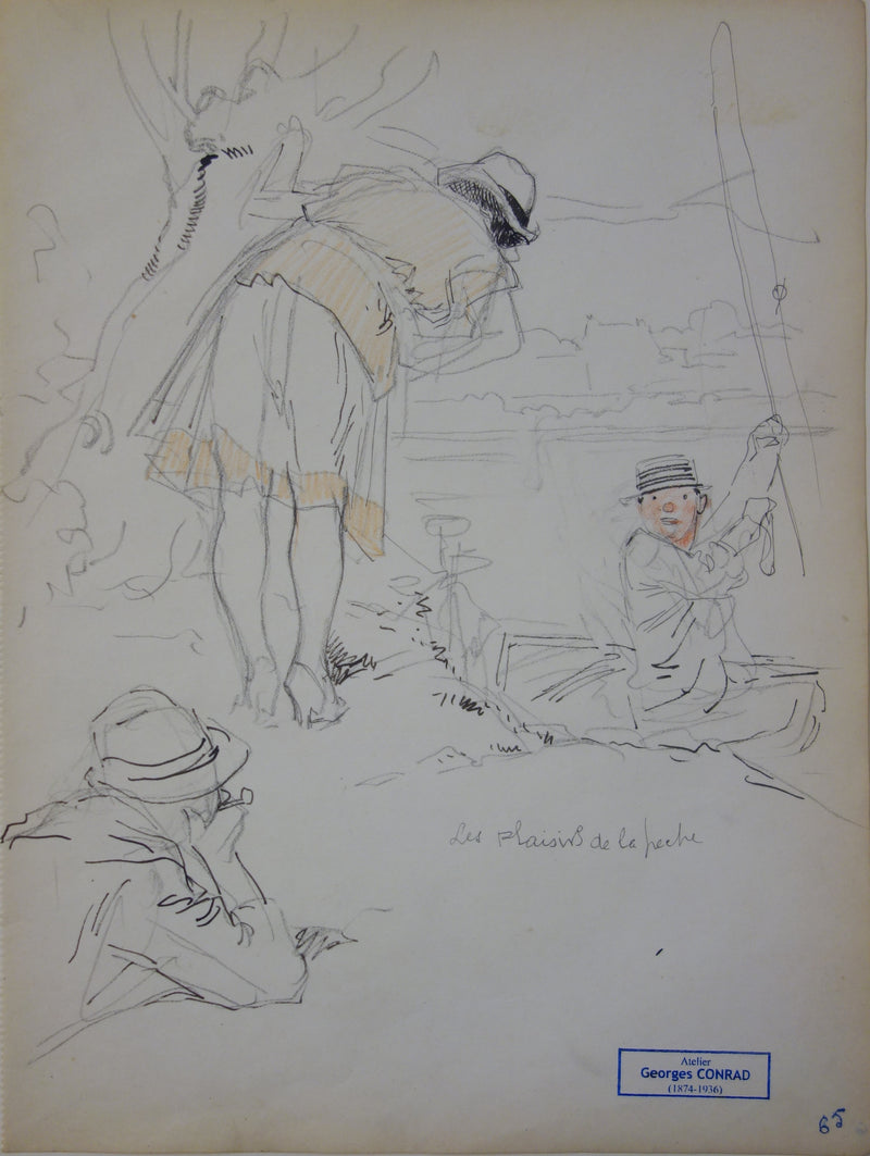 Georges CONRAD : Journée sur les rives, Dessin original signé