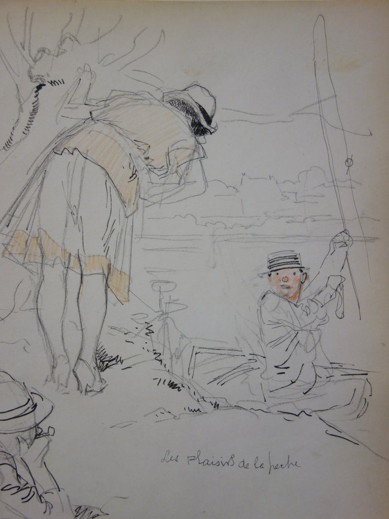 Georges CONRAD : Journée sur les rives, Dessin original signé