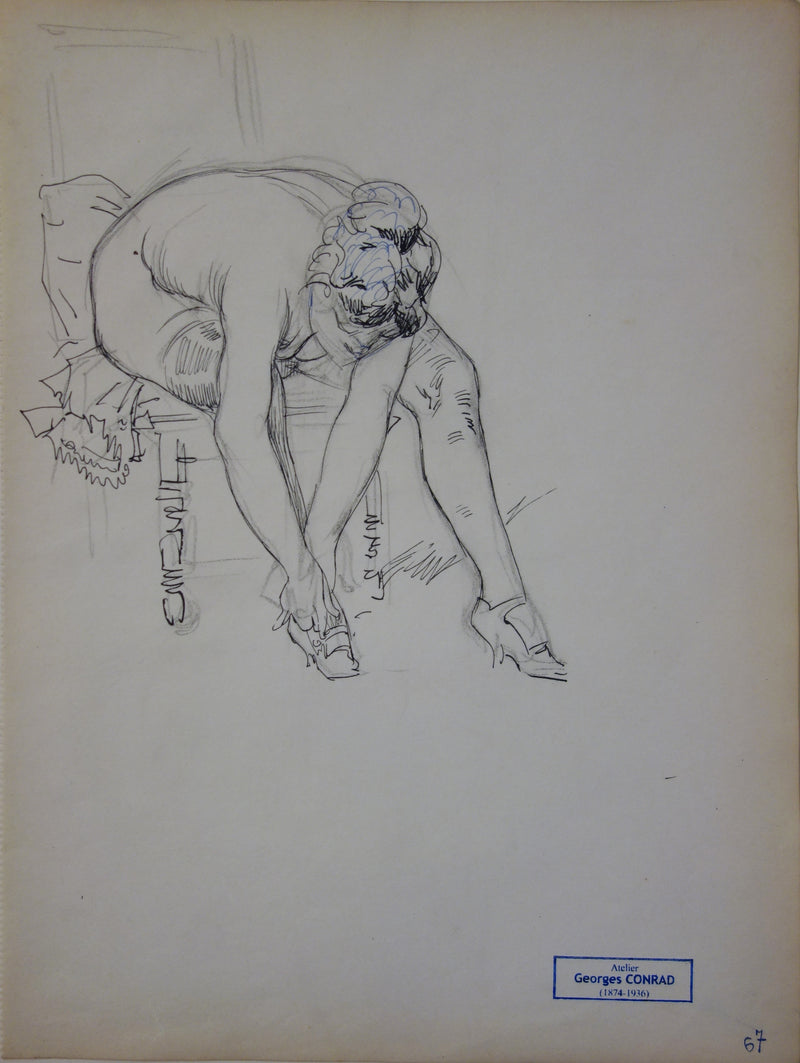 Georges CONRAD : Nu aux souliers, Dessin original signé