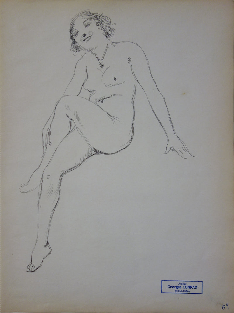 Georges CONRAD : Nu assis, Dessin original signé