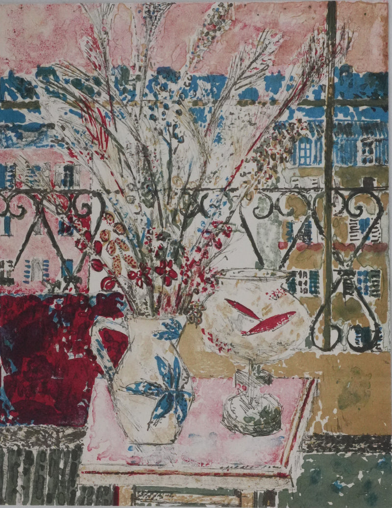 Guy BARDONE : Intérieur parisien aux fleurs et poissons, Lithographie originale