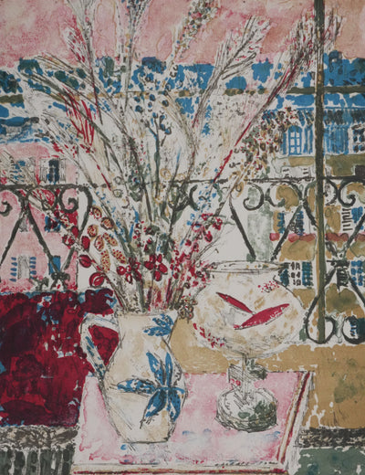 Guy BARDONE : Intérieur parisien aux fleurs et poissons, Lithographie originale