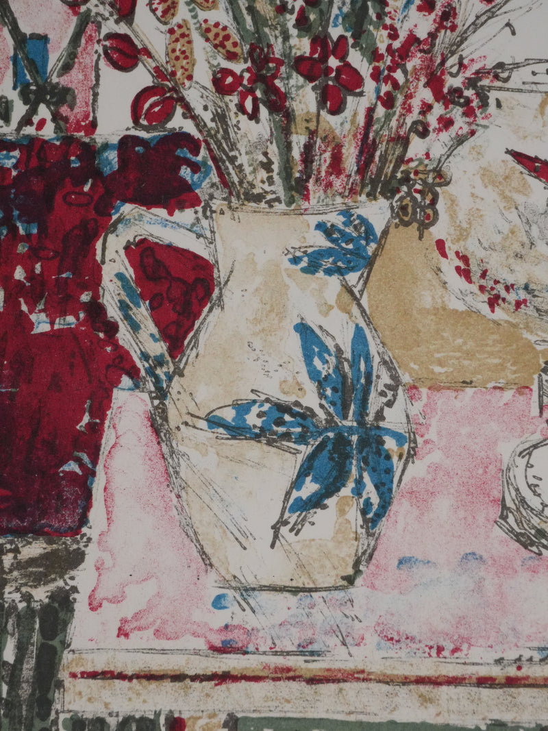 Guy BARDONE : Intérieur parisien aux fleurs et poissons, Lithographie originale