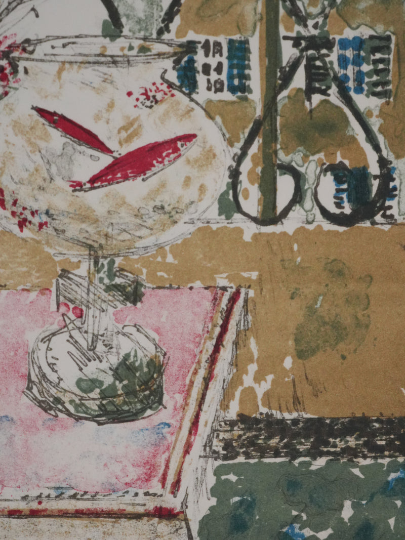 Guy BARDONE : Intérieur parisien aux fleurs et poissons, Lithographie originale