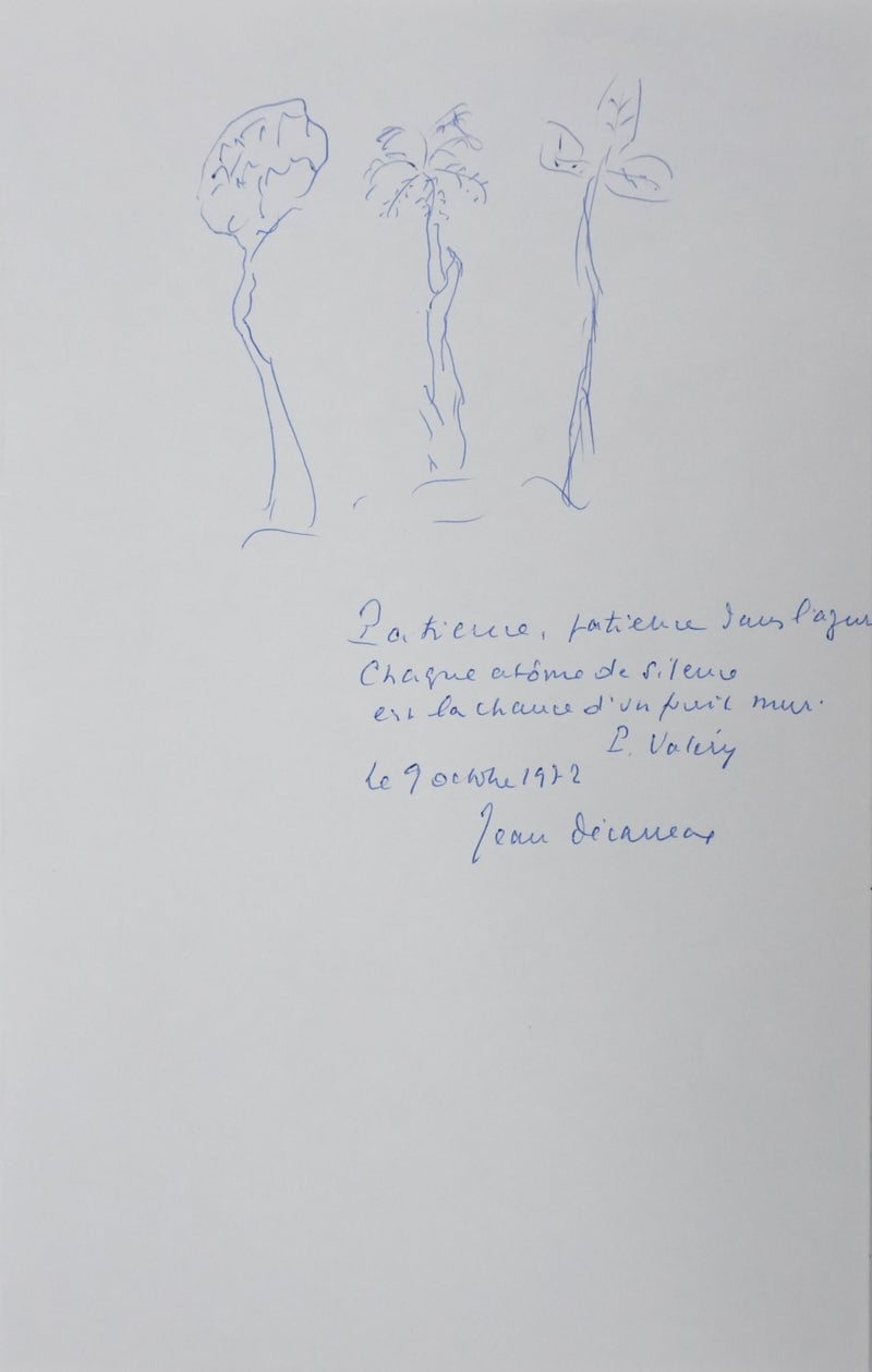 Jean DECARREAUX : La patience des arbres, Autographe et dessin original signé