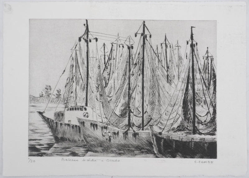 Camille COMBE : Bateaux de pêche à Grado, Gravure originale signée