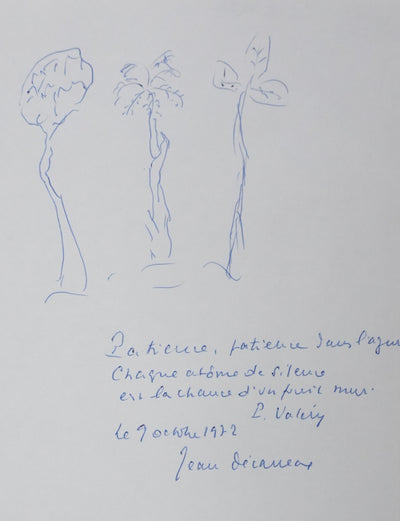 Jean DECARREAUX : La patience des arbres, Autographe et dessin original signé