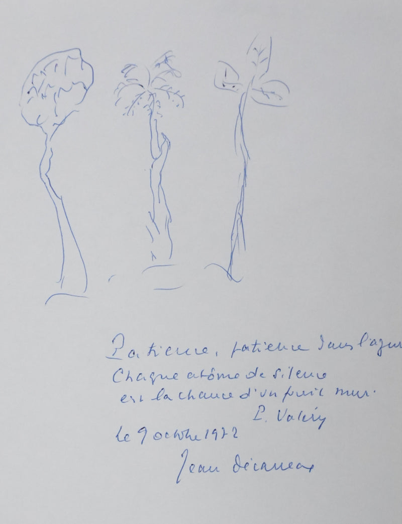 Jean DECARREAUX : La patience des arbres, Autographe et dessin original signé