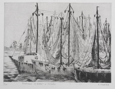 Camille COMBE : Bateaux de pêche à Grado, Gravure originale signée