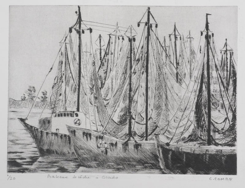Camille COMBE : Bateaux de pêche à Grado, Gravure originale signée