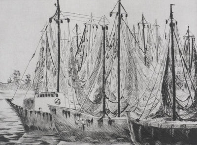 Camille COMBE : Bateaux de pêche à Grado, Gravure originale signée