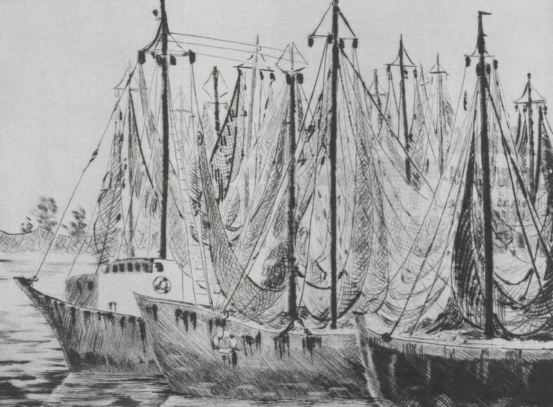 Camille COMBE : Bateaux de pêche à Grado, Gravure originale signée