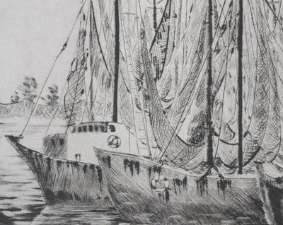 Camille COMBE : Bateaux de pêche à Grado, Gravure originale signée