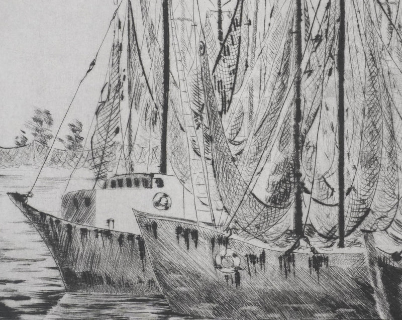Camille COMBE : Bateaux de pêche à Grado, Gravure originale signée