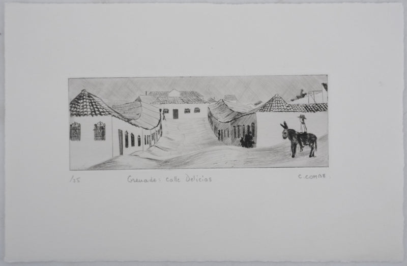 Camille COMBE : Grenade Calle Delicias, Gravure originale signée