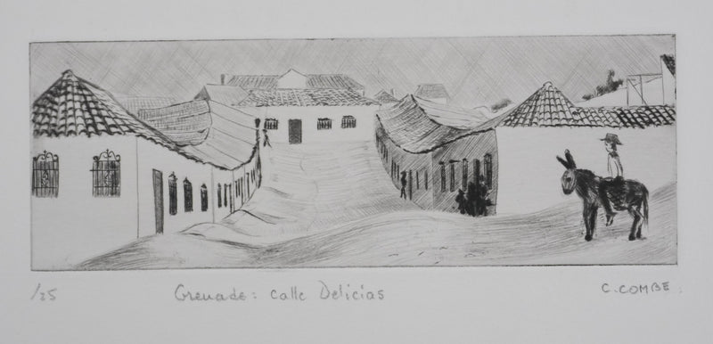 Camille COMBE : Grenade Calle Delicias, Gravure originale signée
